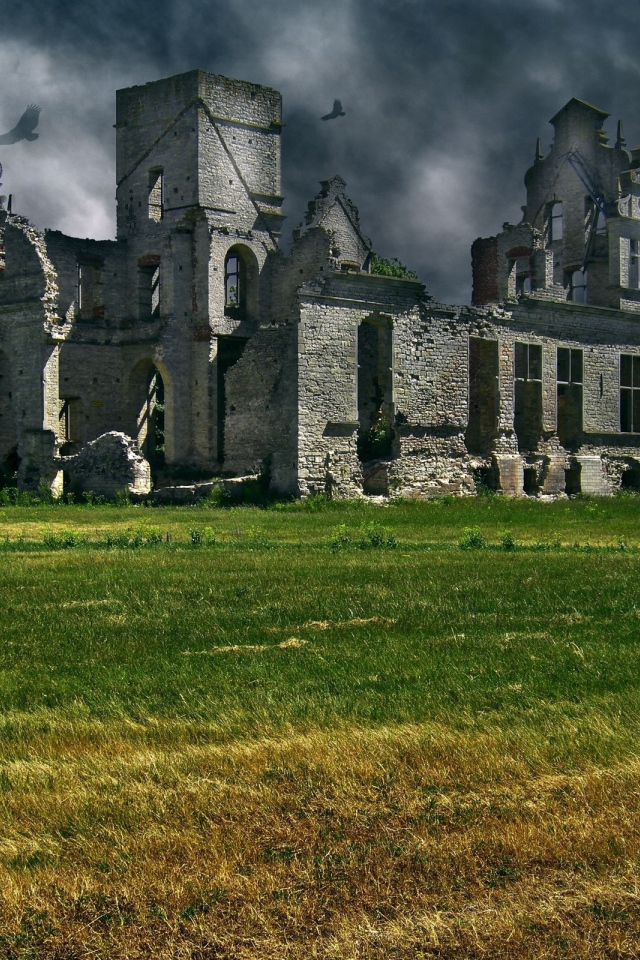 Вороны кружат над руинами замка в Шотландии