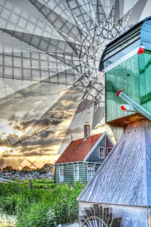 Вращение лопастей деревянной мельницы