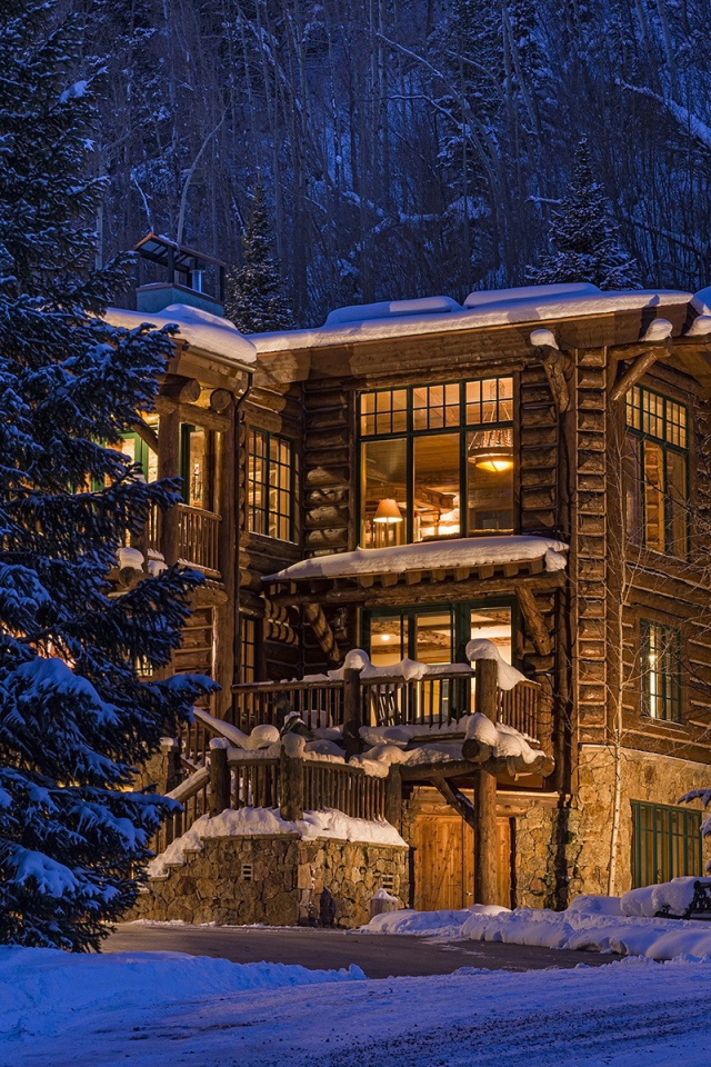 Деревянный дом в зимнем лесу в Колорадо, США