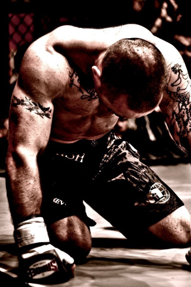 Боксер стоит на коленях на ринге