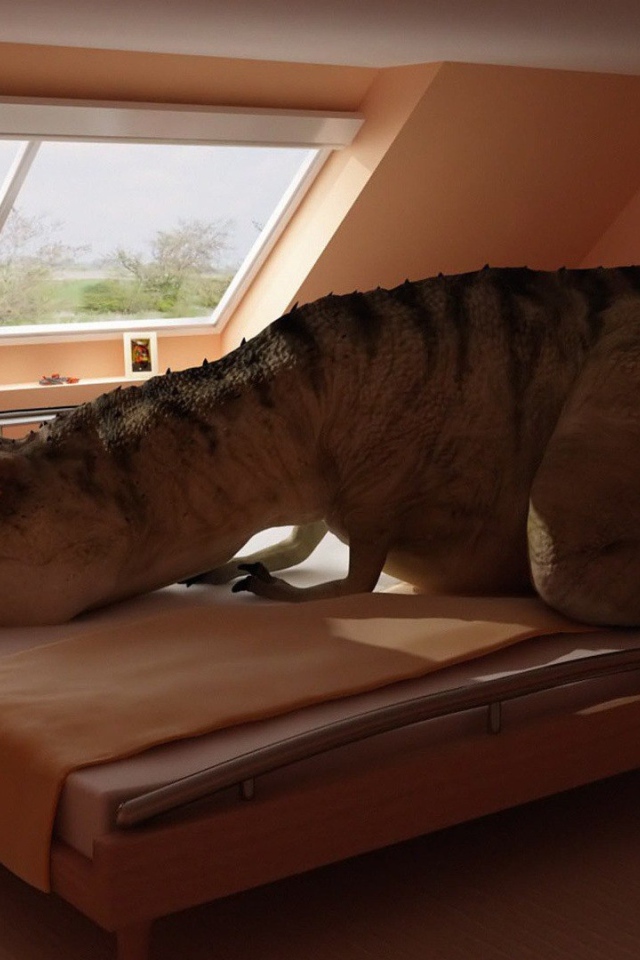 Динозавр прилег на кровать