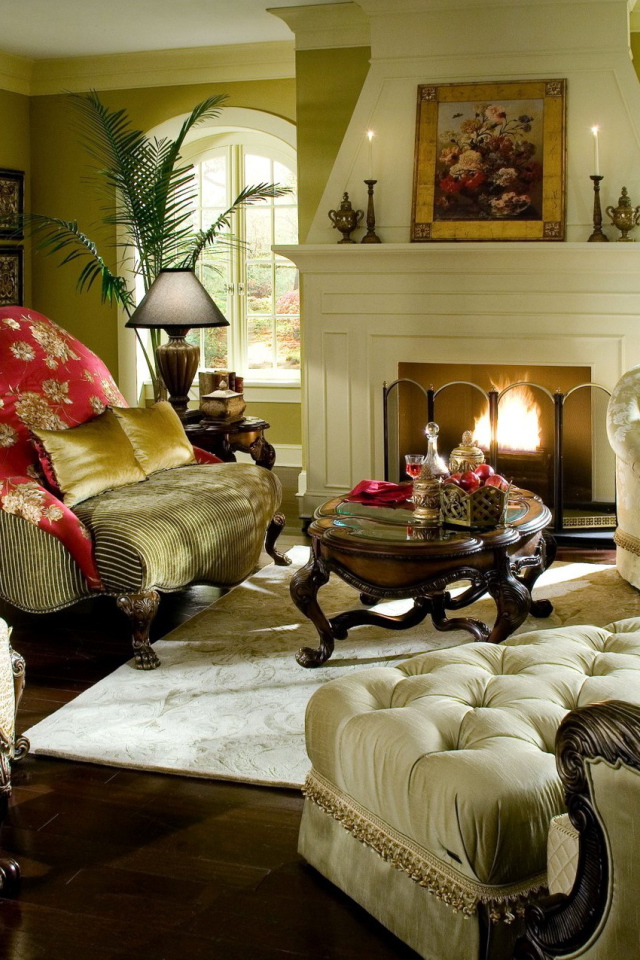 Комната с камином в стиле ретро