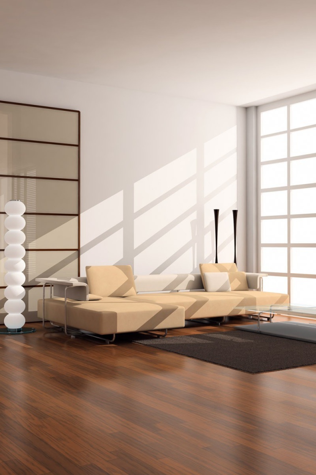 Лучи солнца освещают гостиную, оформленную в стиле минимализма