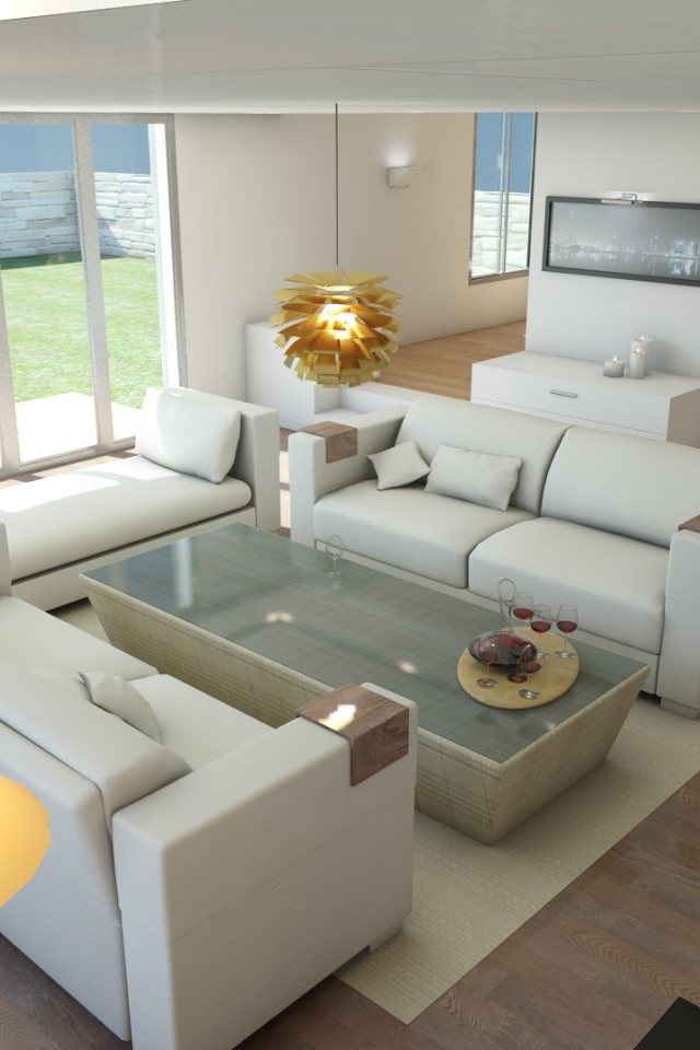 Белые кожаные диваны в светлой гостиной