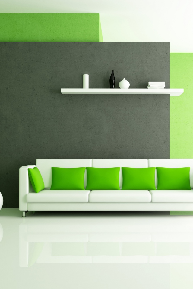 Белый диван с зелеными подушками