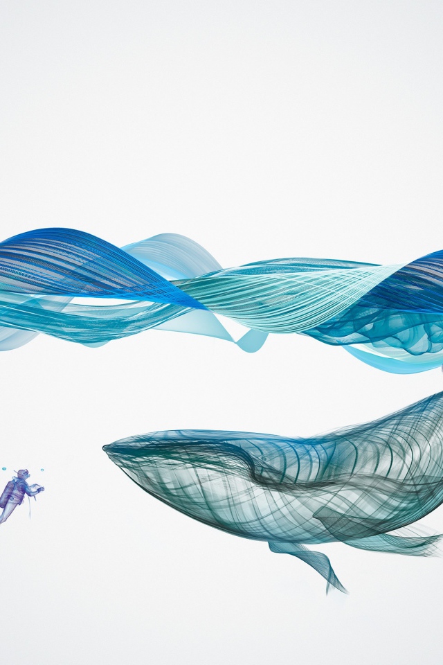 Большой кит и водолаз под водой 3д графика