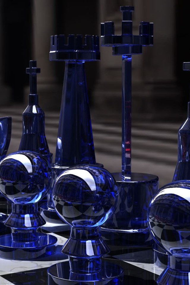 Синие стеклянные шахматы 3D графика 