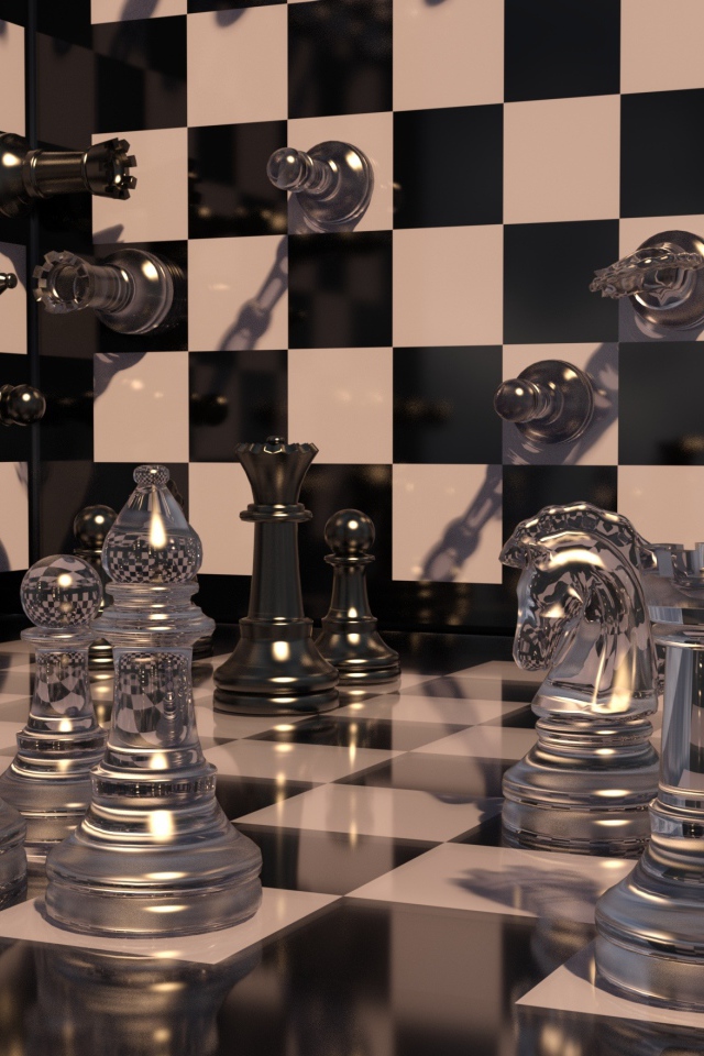 Шахматная доска с прозрачными шахматными фигурами 3д графика