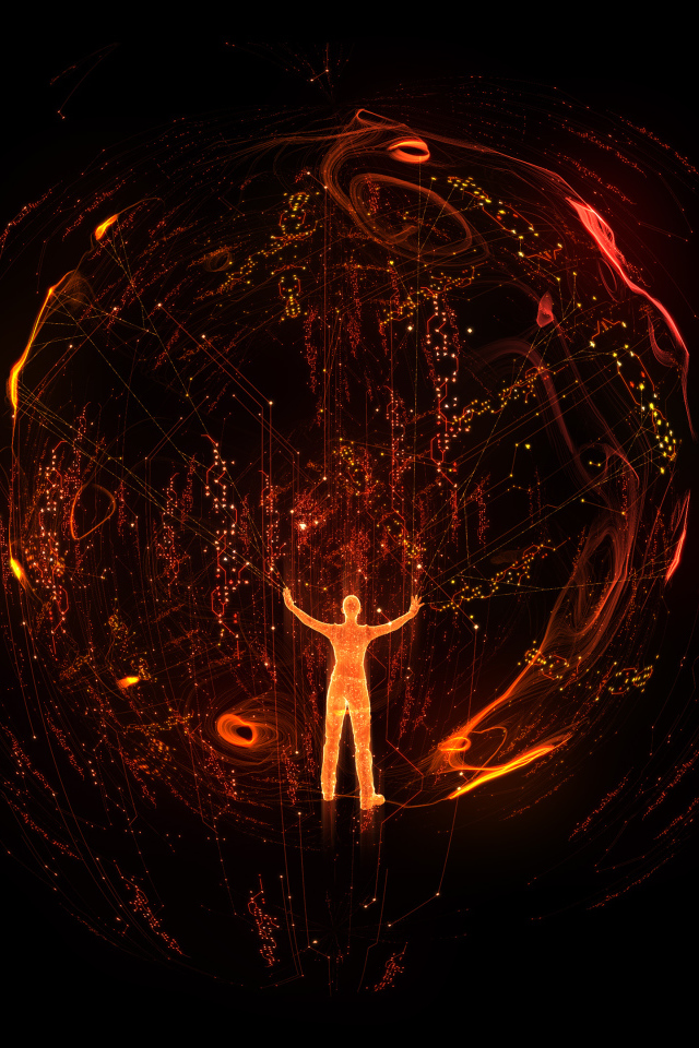 Огненный человек в сфере на черном фоне