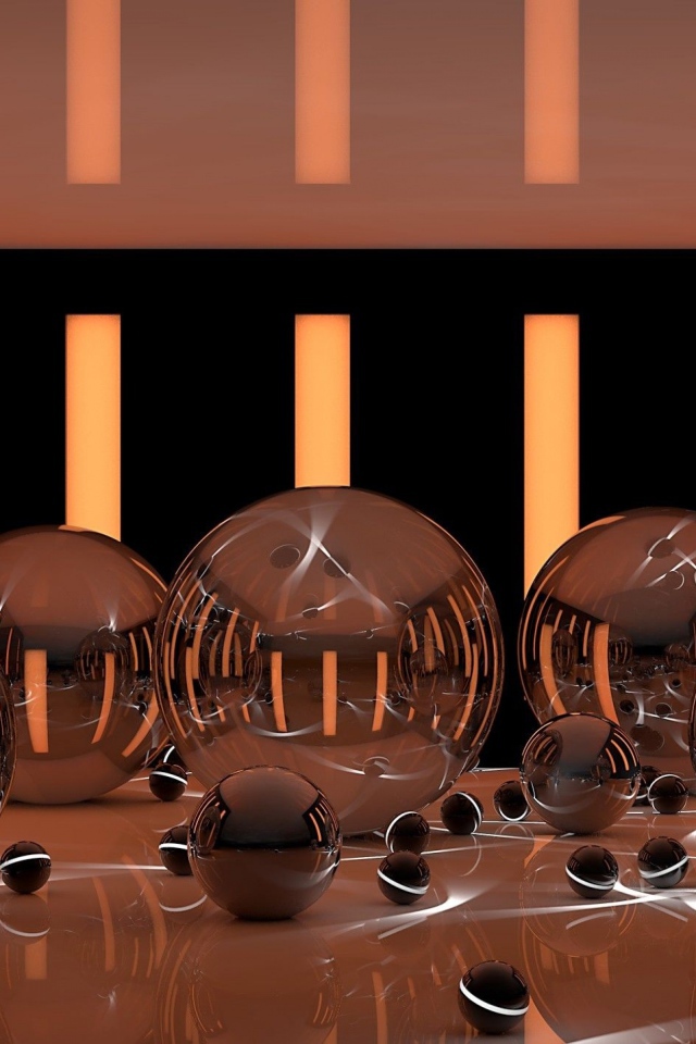 Глянцевые шары на поверхности с неоновыми полосками 