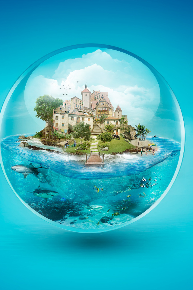 Дом на острове в прозрачном  шаре на голубом фоне 3д графика