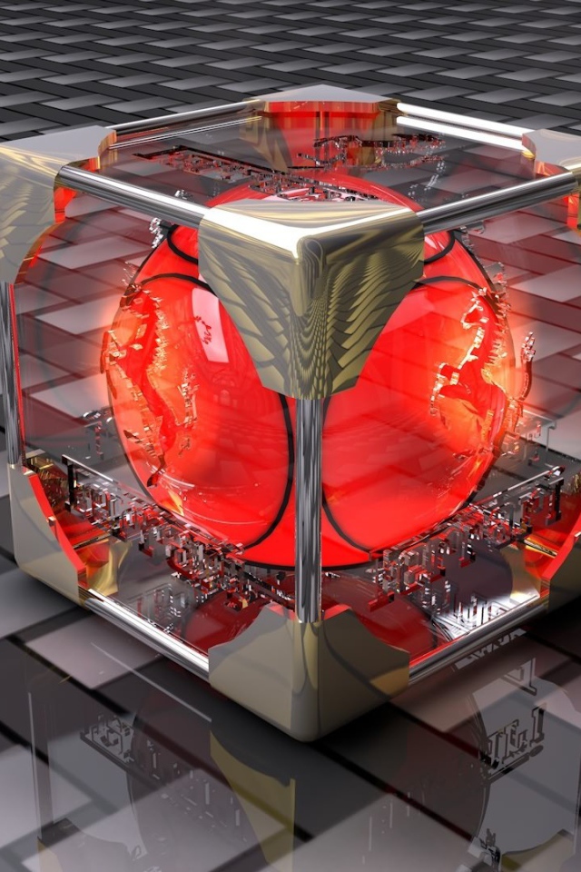 Красный шар в стеклянном кубе 3D графика 