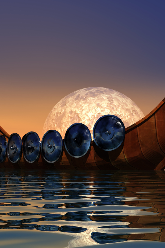 Лодка викингов на фоне луны в воде 3д графика