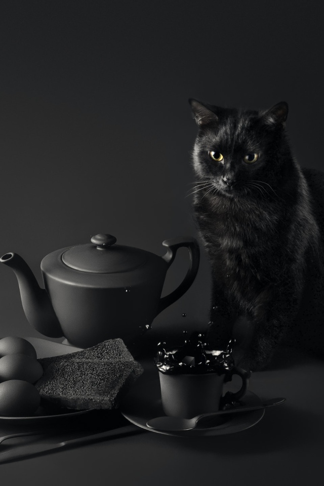 Черный кот сидит на столе с завтраком