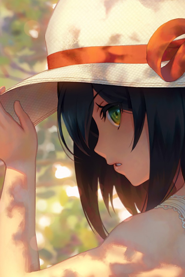 Аниме девушка в шляпе с красным бантом 