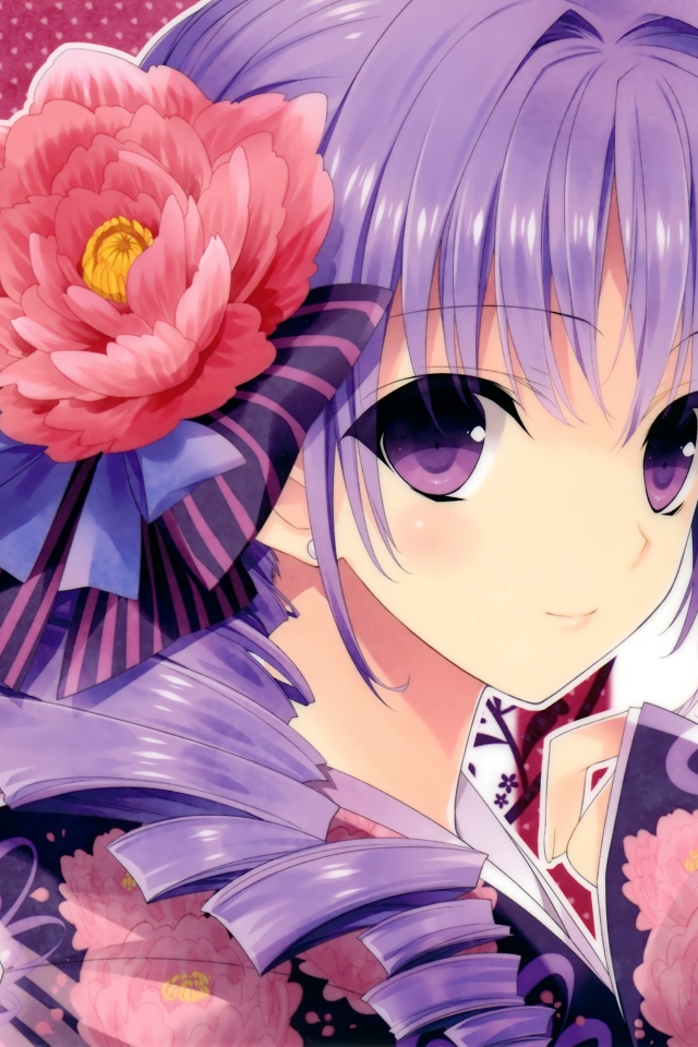 Девушка аниме в кимоно и большим красным цветком в волосах