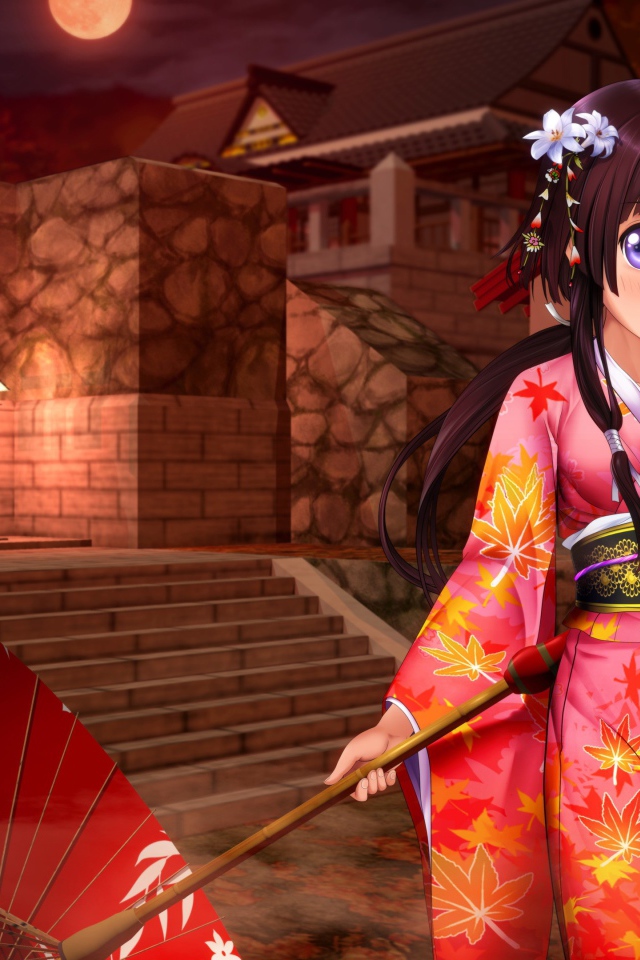 Аниме девушка с зонтом и в кимоно 