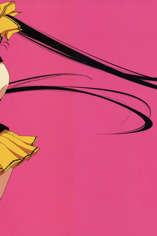 Девушка аниме с длинными черными волосами на розовом фоне