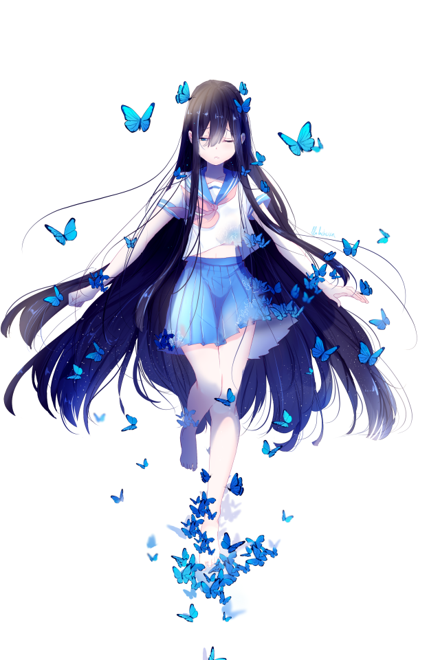 Девушка аниме с длинными волосами с голубыми бабочками на белом фоне