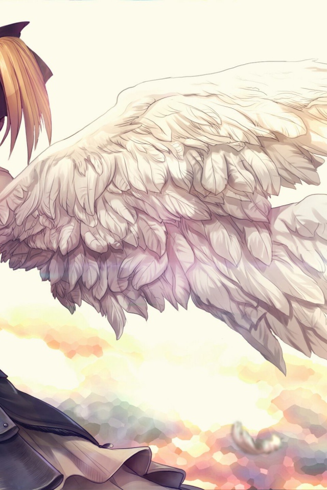 Девушка аниме с белыми крыльями ангела 