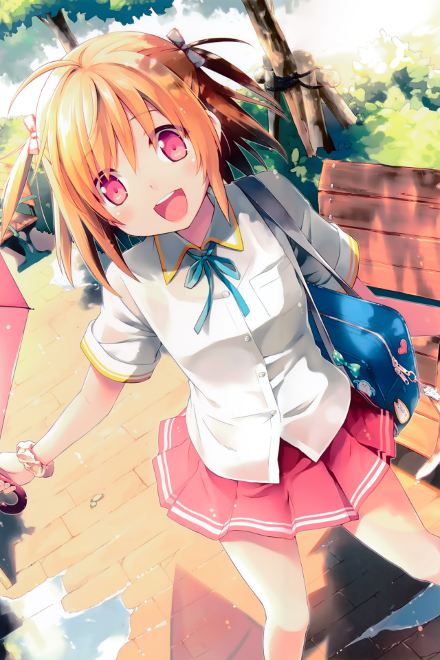 Веселая девушка аниме с розовым зонтом