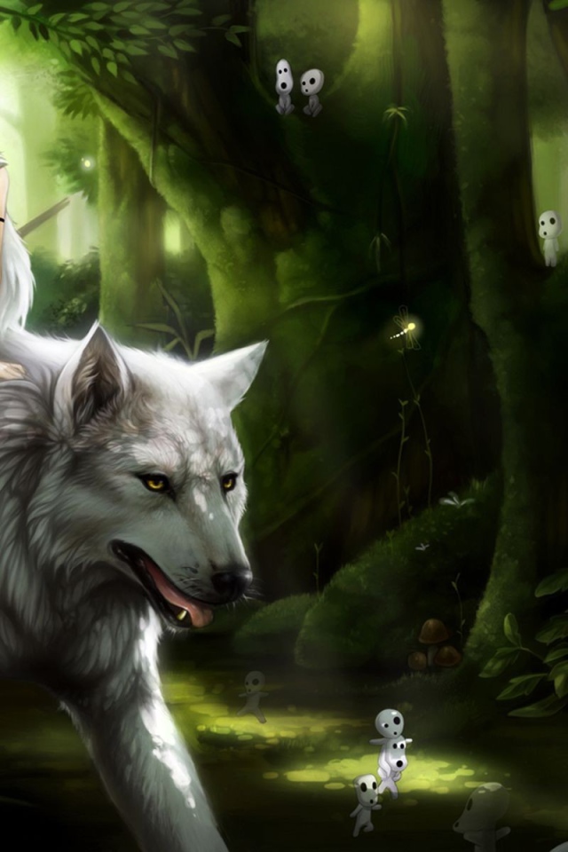 Девушка верхом на белом волке аниме Принцесса Мононоке 