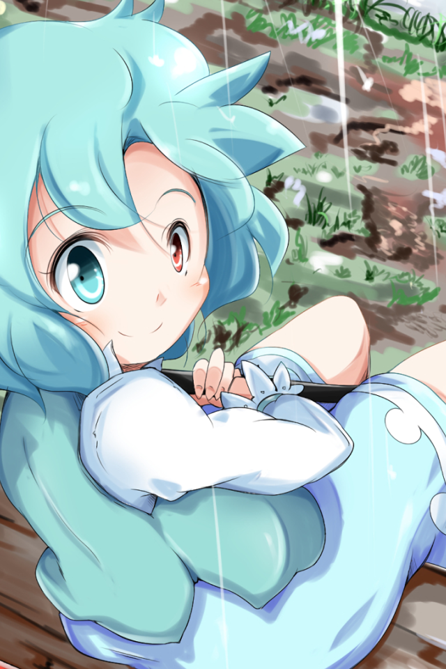 Девушка с голубыми волосами под дождем аниме Touhou 