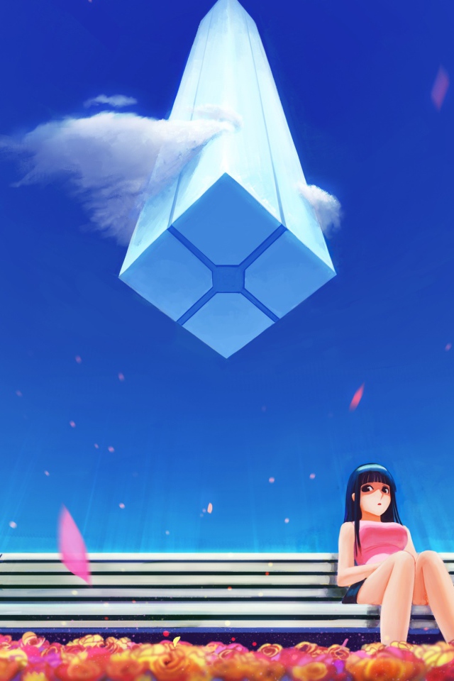 Девушка аниме на фоне голубого неба  