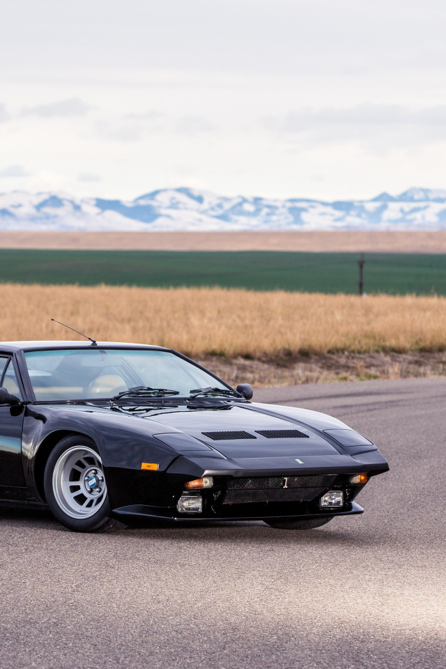 Черный быстрый автомобиль De Tomaso Pantera на фоне поля