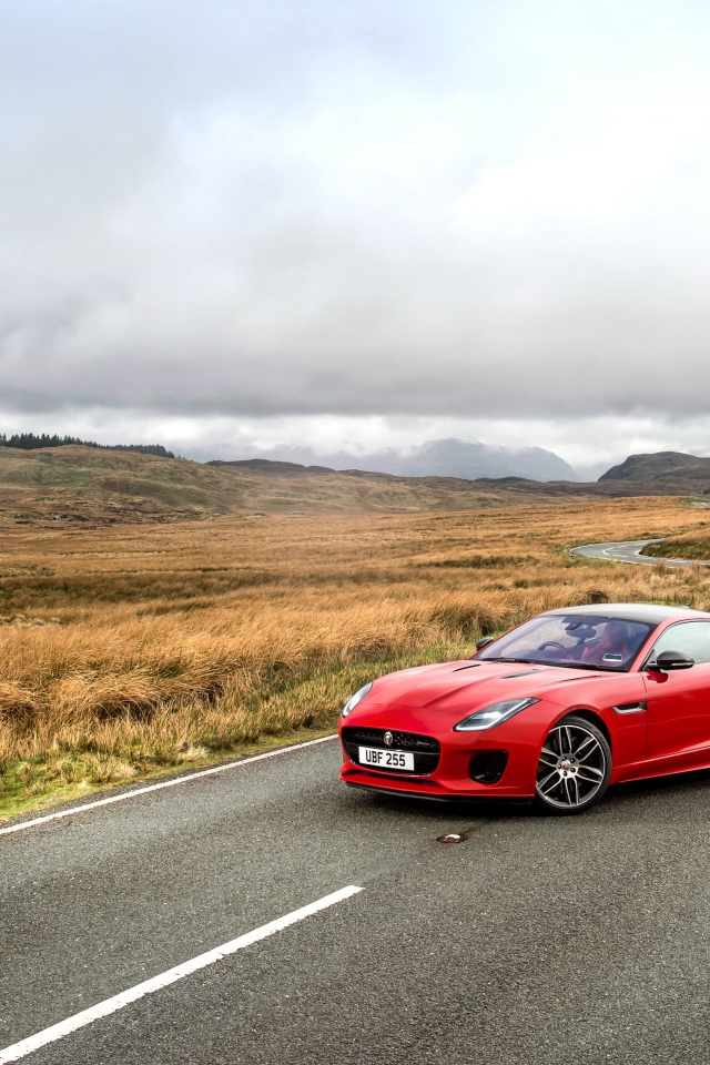 Красный автомобиль  Jaguar F-Type на трассе