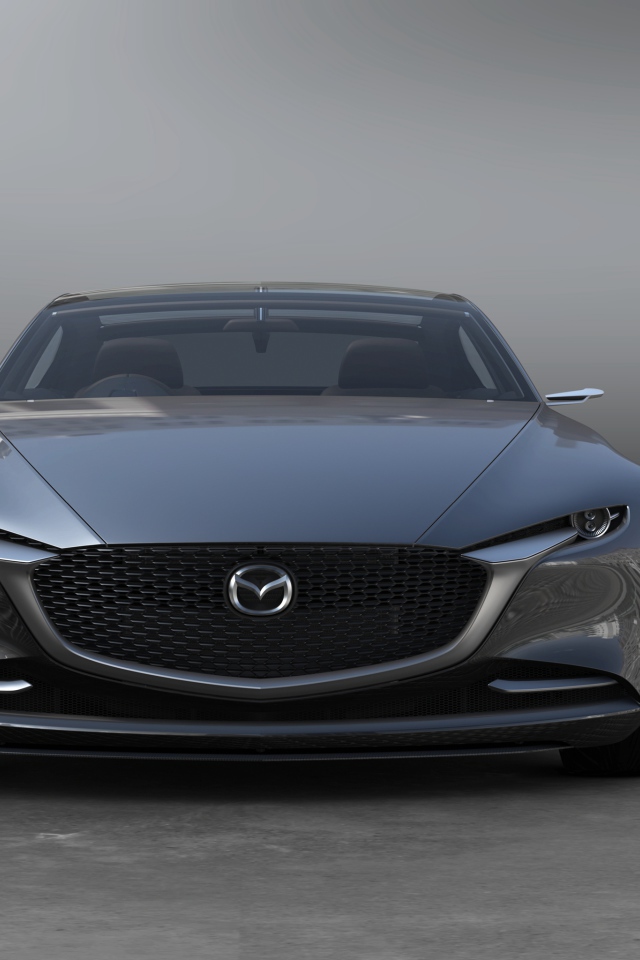 Серебристый автомобиль  Mazda Vision Coupe, 2017 вид спереди