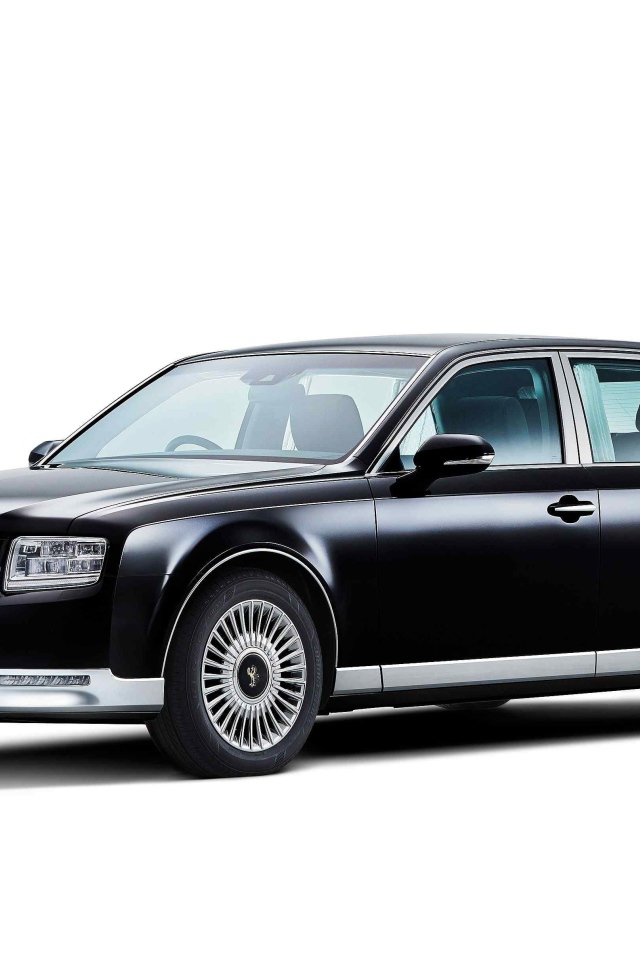 Стильный черный автомобиль Toyota Century, 2018 на белом фоне