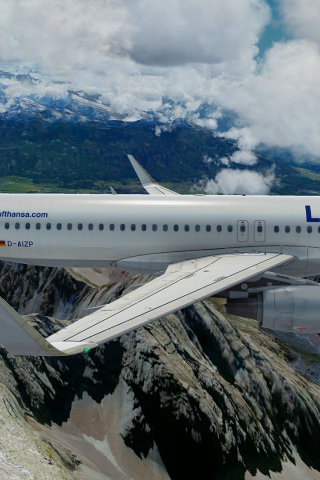 Airbus A320 авиакомпании Lufthansa полет над горами 