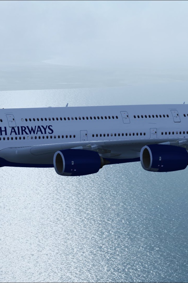 Самолет Airbus A380 British Airways летит над океаном 