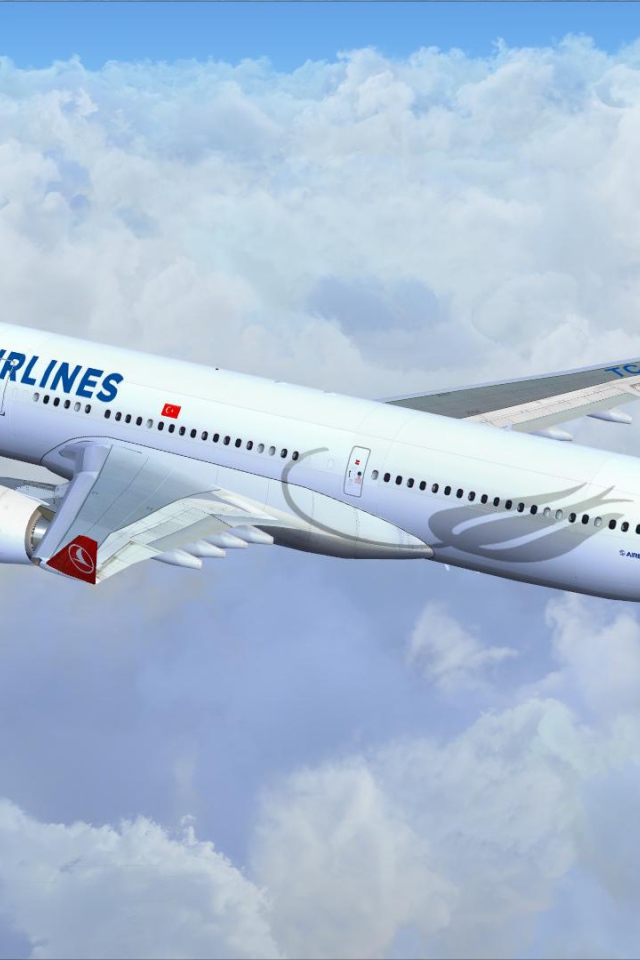 Airbus A330 авиакомпании Turkish Airlines летит над белыми облаками