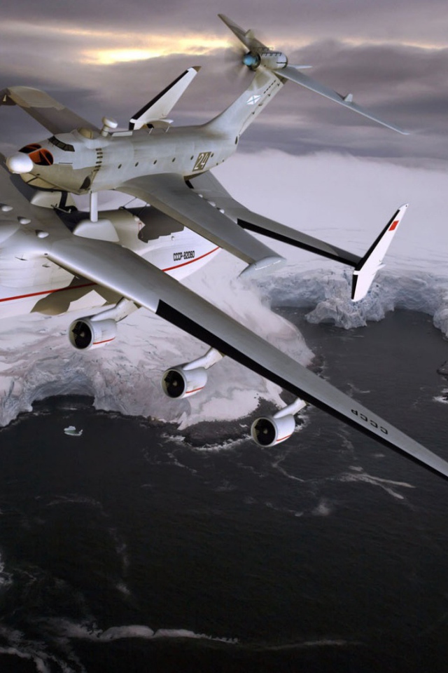 Полет транспортного самолета АН-225 Мрия над  Северным ледовитым океаном