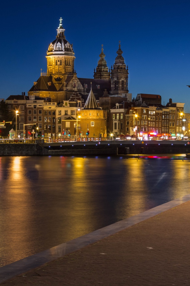 St. Nicholas Church at night, the city of Amsterdam
