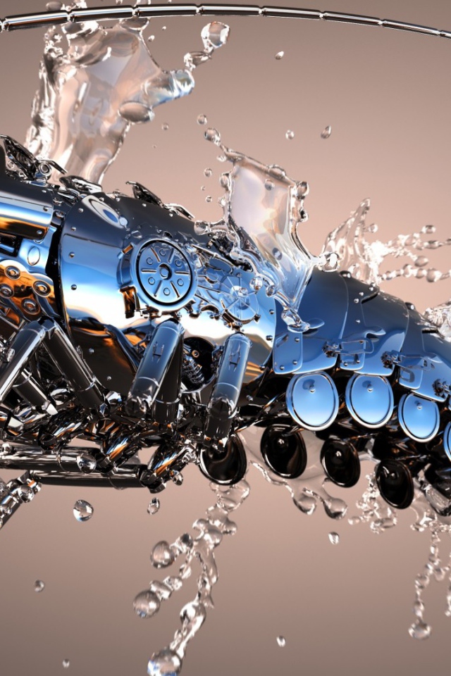 Механический рак в каплях воды 