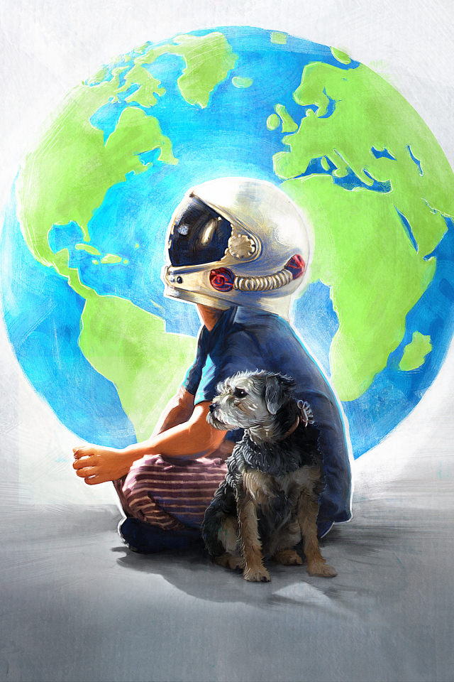 Нарисованный мальчик в шлеме космонавта с собакой