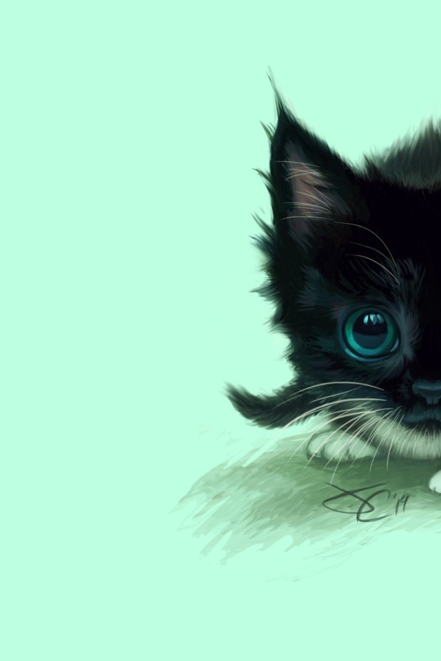 Маленький нарисованный черный котенок  с большими зелеными глазами