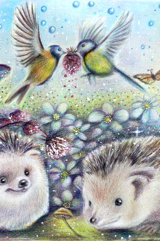 Нарисованные ежики с бабочками и птичками