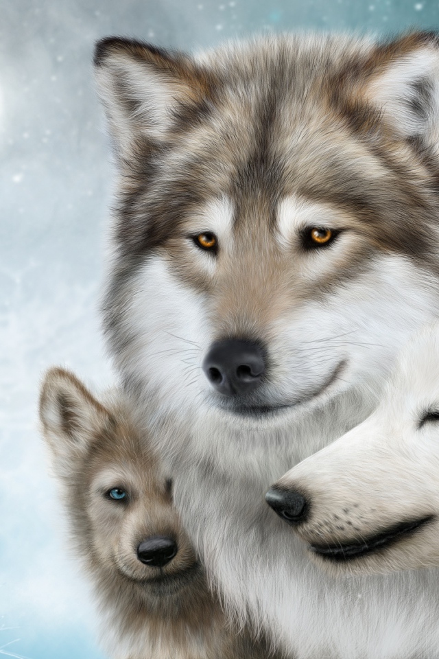 Семья из трех волков зимой, рисунок