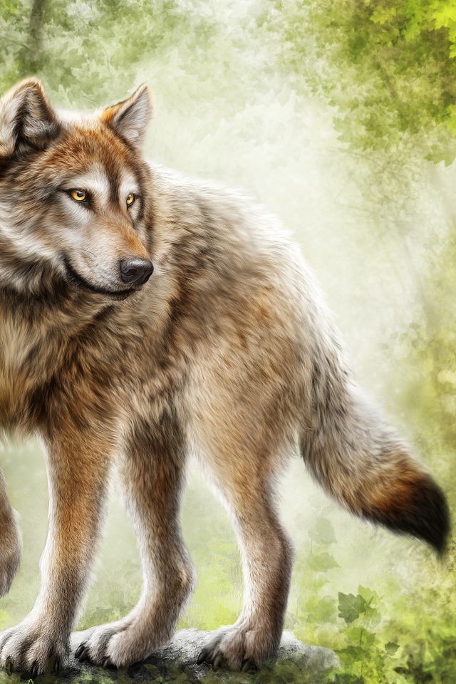 Нарисованный большой волк стоит в лесу