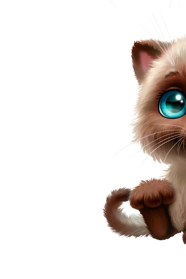Нарисованный милый котенок с большими глазами на белом фоне