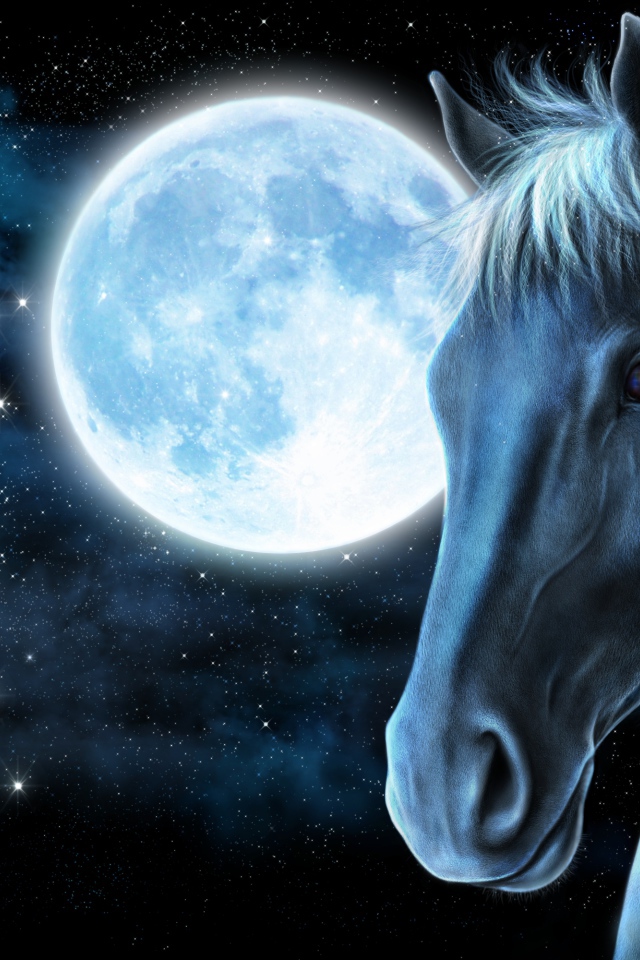 Нарисованная лошадь на фоне большой яркой луны