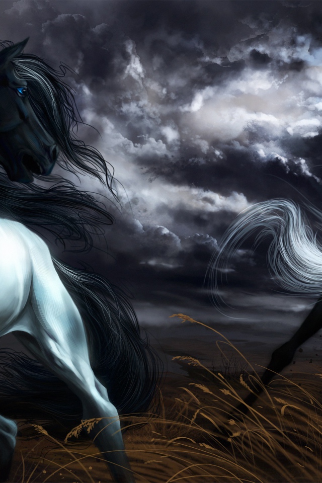 Две нарисованные черные лошади скачут под грозовым небом