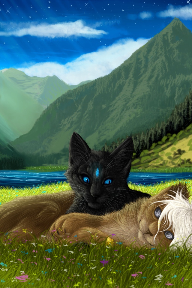 Две нарисованные кошки лежат на зеленой траве на фоне гор