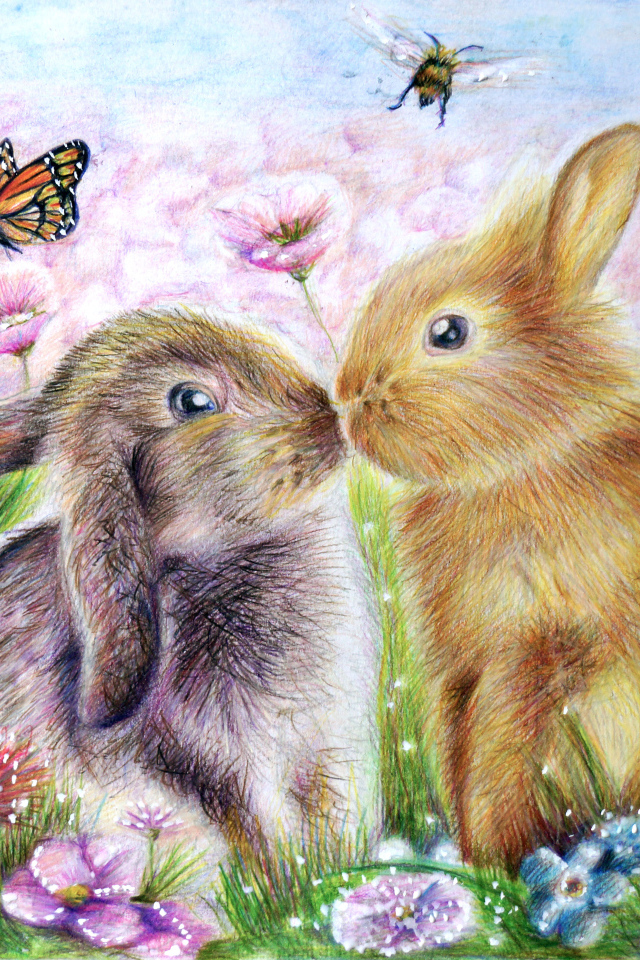 Два нарисованных кролика с бабочками