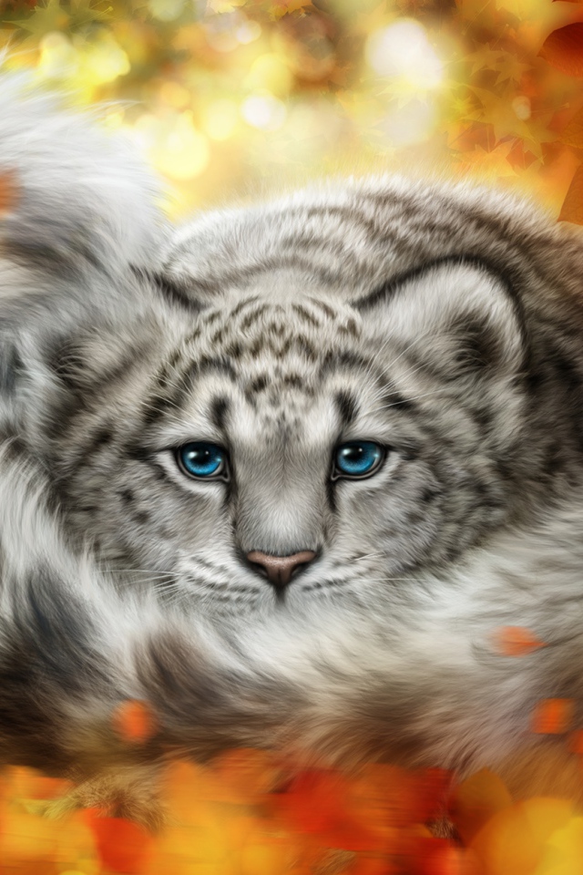 Детеныш снежного барса в желтых листьях, рисунок