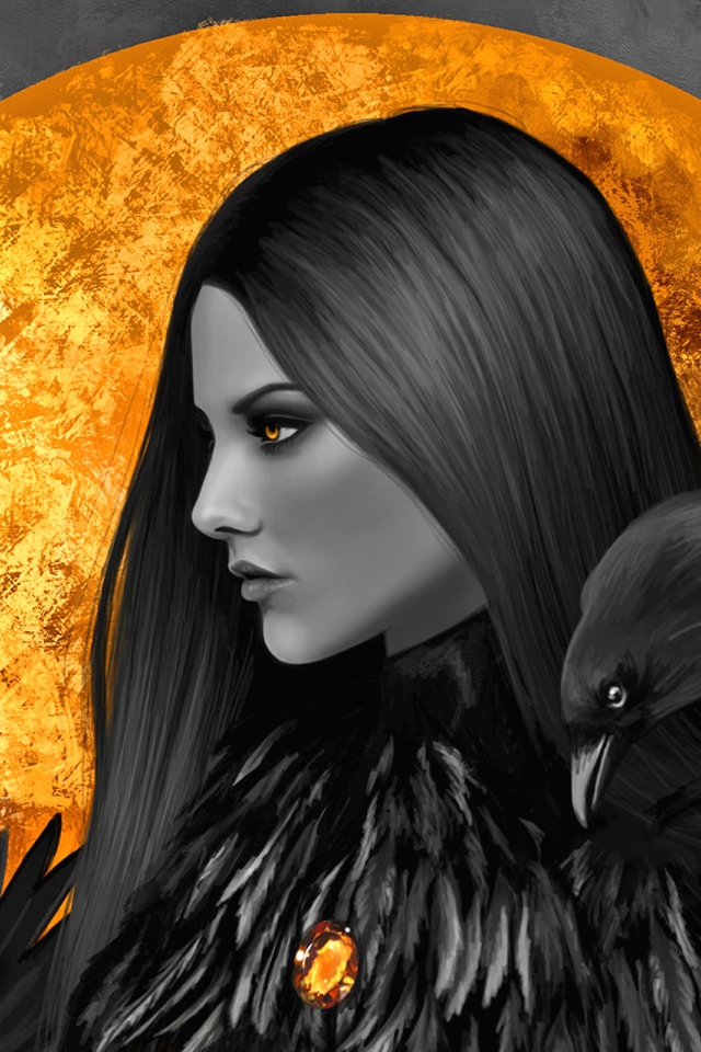 Девушка с желтыми глазами и вороном на плече на фоне большой луны 